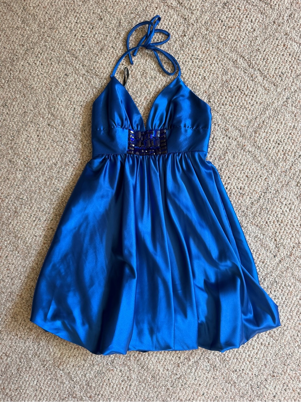 Jessica McClintock Royal Blue Halter Satin Dress with Beaded Waist